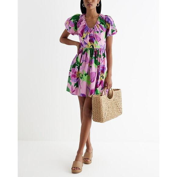 Express Floral Puff Sleeve Mini Dress w/ Pockets Bow Back Large - Picture 2 of 8